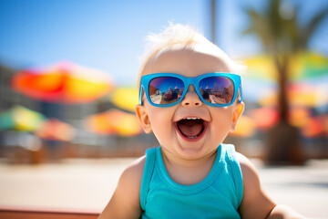 Generative AI portrait of adorable positive baby walking having fun enjoying summer time outside