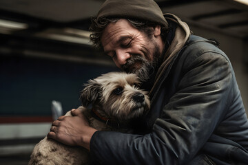 Fototapeta premium Portrait homeless dirty tramp hugging his dog. Concept friendship lifestyle. Generation AI