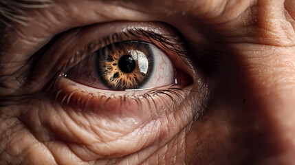 Naklejka premium Macro photo, widely open elderly man eye closeup. Generation AI.