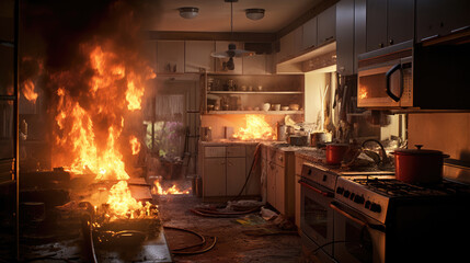 Fire in the kitchen of an apartment - obrazy, fototapety, plakaty
