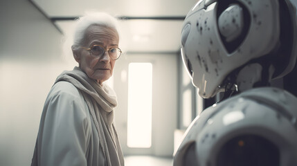 Elderly care robot in intelligent hospital. Concept AI artificial intelligence, services and health with future droid nursing Bot. Generation AI - obrazy, fototapety, plakaty