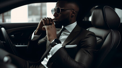 Handsome successful rich African businessman in lux car commute to work. Generation AI