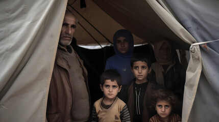 Family with children of refugees from Syria, Afghanistan, against backdrop of tent, ask for asylum and help. Generation AI - obrazy, fototapety, plakaty