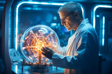 A male scientist conducts an electrical experiment and makes a discovery. 