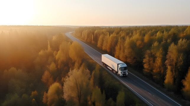 White truck driving on highway winding through forested landscape, sunset light. Generation AI