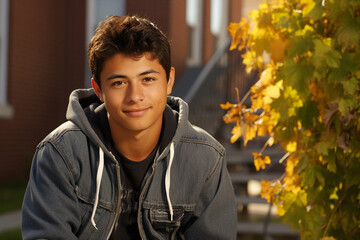 Generative AI portrait image of happy smiling guy walking to school early in the morning