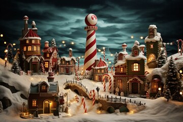 A magical scene resembling a Charlie Brown Christmas special, with a gingerbread village and a candy cane-striped lighthouse. Generative AI - obrazy, fototapety, plakaty