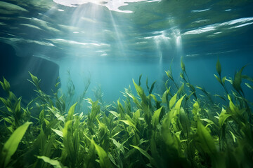 A clear underwater photograph of a group of seabed with vibrant green seagrass.