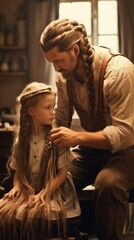 A man combing a little girl's hair in a kitchen