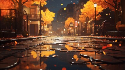 A city street at night with a puddle of water