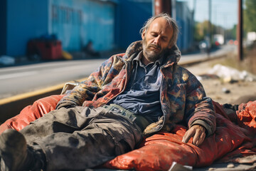 Homeless man sleeping sitting on street in big modern city