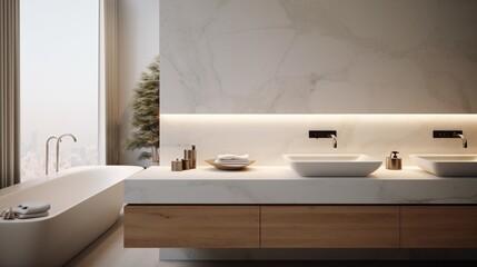 Fototapeta na wymiar A minimalist bathroom with alabaster sink countertops, creating a sense of modern luxury