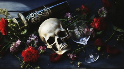 A skull sitting next to a bottle of wine and flowers