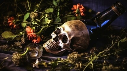 A skull and a bottle of wine on a cloth
