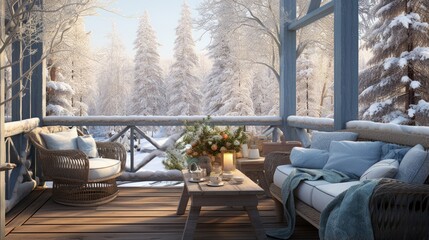 Cozy porch with wicker furniture in winter forest