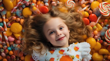 Fototapeta na wymiar A little girl laying in a pile of candy
