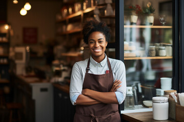 Generative AI photo image of a happy confident successful person working in own workplace