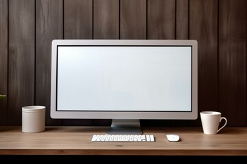 Front view of blank modern computer monitor on wooden table with coffee cup and keyboard against dark wall background in sunlit room. Generative AI