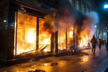 Pogroms and riots in night city. People smash shop windows with firebombs