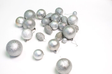 A set of silver Christmas tree toys and decorations for the holiday