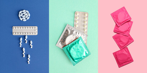 Collage of different contraceptives on color background