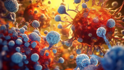 Cancer Cells Molecule Growth Divide Epidemic On Host Microbiology Microscope 3d ,generative ai - obrazy, fototapety, plakaty