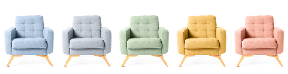Set of modern comfortable armchairs in different colors on white background