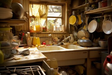 Disorderly kitchen with blocked sink caused by spoiled food, moldy dishes, and untidiness. Generative AI - obrazy, fototapety, plakaty