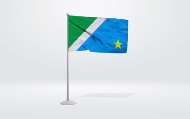 3D illustration of the flag of Mato Grosso do Sul state of Brazil. Flag waving on the pole with white studio background.