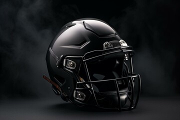 Dark background with black football helmet in 3D render. Generative AI