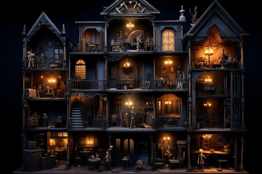 Image of a spooky antique dollhouse with intense contrast. Rendered in 3D with an illustrated style. Generative AI