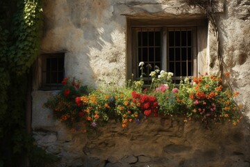 Fototapeta na wymiar A wall adorned with flowers and a window with a curtain in front. Generative AI