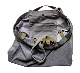open empty handcrafted gray corduroy tote bag with inner pocket isolated on white background