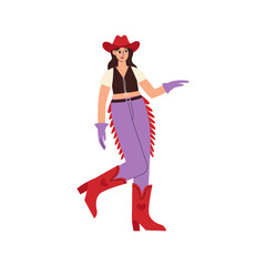 Woman in cowgirl costume. Beautiful girl wearing cowboy hat and boots. Vector flat character illustration