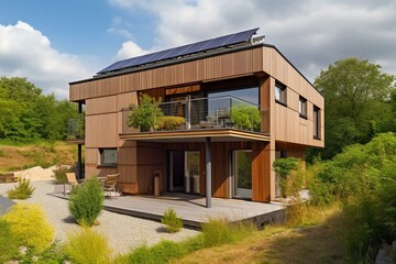 Modern eco-friendly house with rooftop solar panels in the United Kingdom. Generative AI