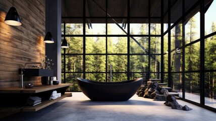 Full of luxury bathroom with black bathtub what is impossible to able to be clean but look like brutal good.