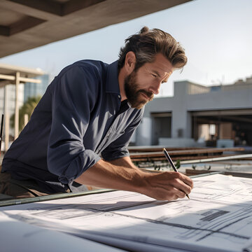 An architect examines architectural blueprints from a rooftop, supervising an open-air construction endeavor, showcasing their mastery and dedication to achieving top-tier design.
