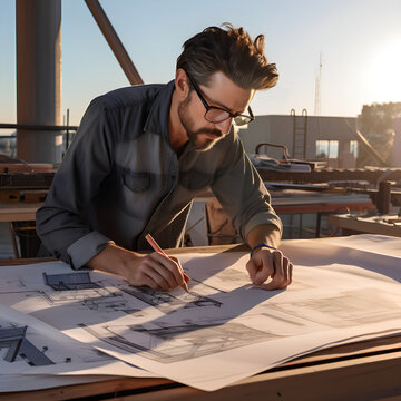 An architect examines architectural blueprints from a rooftop, supervising an open-air construction endeavor, showcasing their mastery and dedication to achieving top-tier design.