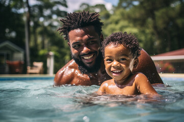 A smiling Father and Child in a swimming pool in the afternoon sun. 