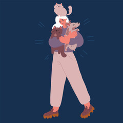 Cartoon vector illustration of Youn woman relaxing and playing with her pets. Dog and cats. Pet Lover concept