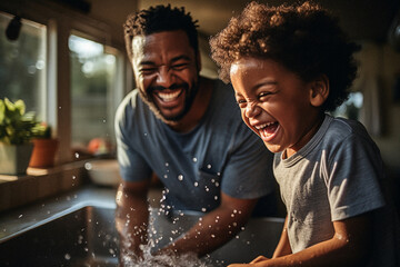 Father and Son laughing and playfully washing hands at sink.
