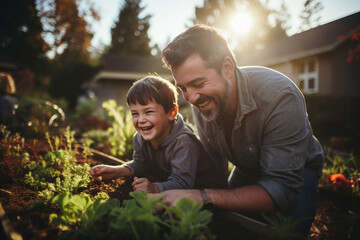 Father and Son bonding and gardening together at sunset. 