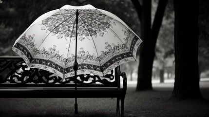 A patterned black and white umbrella forgotten on a park bench