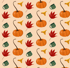 A seamless pattern with orange pumpkins, green mugs and red leaves on beige background for packaging, wallpaper, fabrics