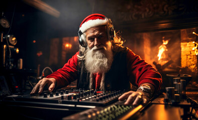 Santa Claus as the DJ, dressed in a Santa Claus costume, mixing tracks on a DJ mixer. Christmas or...