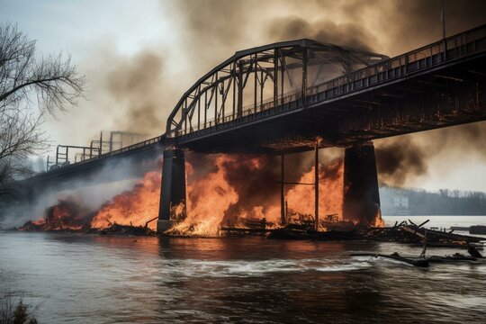 A bridge engulfed in flames, reduced to ashes and collapsing into a river. Generative AI