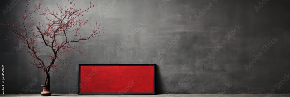 Poster a red frame with a tree in front of a wall, ai