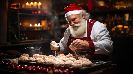 Santa Claus baker in a chef's uniform, cooking Сhristmas cookies. Christmas or New Year concept. - obrazy, fototapety, plakaty