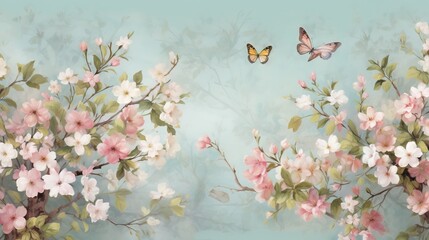  a painting of flowers and a butterfly flying over them on a blue background.  generative ai