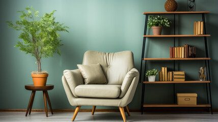 photograph of Comfortable armchair, shelving unit and houseplant near pastel wall.generative ai.